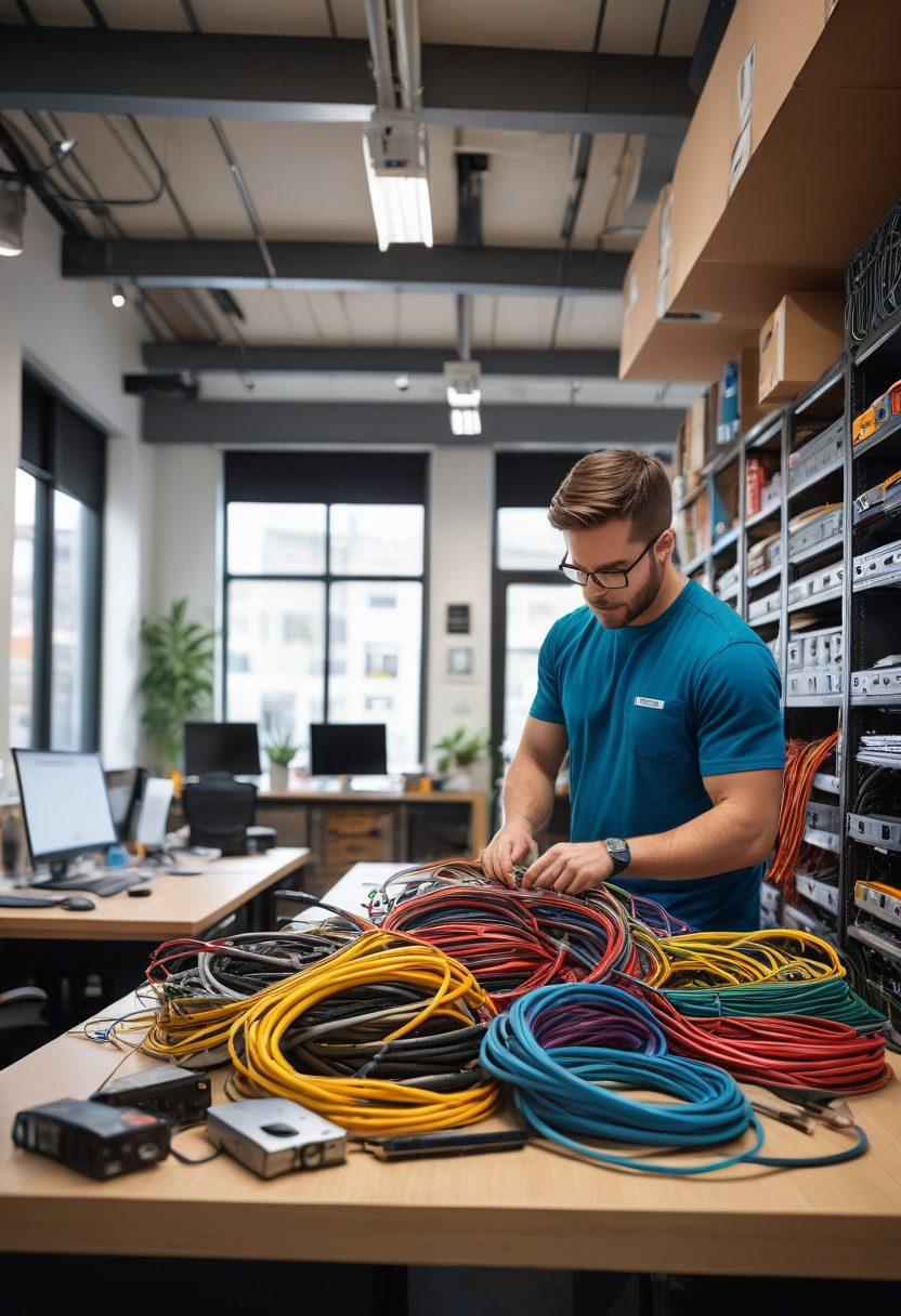 A professional technician skillfully installing and organizing various colorful cables in a modern office environment, showcasing tools and equipment neatly arranged in the foreground. The background illustrates a smooth relocation process with boxes and a team collaborating efficiently. The ambiance should convey a sense of professionalism and expertise. vibrant colors. super-realistic.