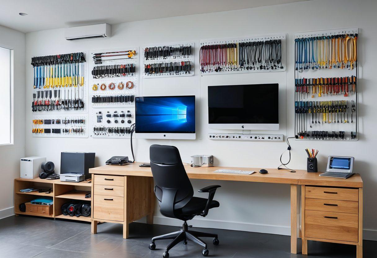A sleek, organized room showcasing efficient cable installation strategies, featuring neatly arranged cables, tools, and a flowing diagram on the wall illustrating the installation process. The atmosphere is bright and inviting, highlighting clarity and simplicity in the design. Include a touch of modern technology with gadgets being showcased. super-realistic. vibrant colors. bright background.